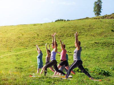 Gruppe von Gästen macht Yoga am Berg