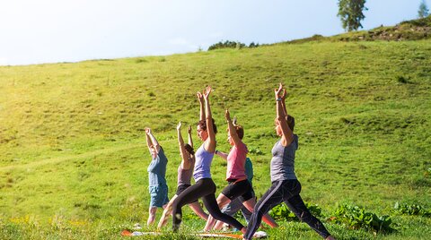 Damen beim Yoga am Berg