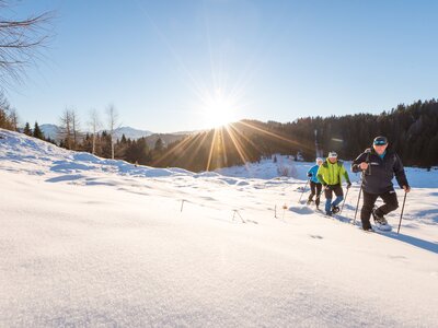 Gruppe beim Schneeschuhwandern am Berg